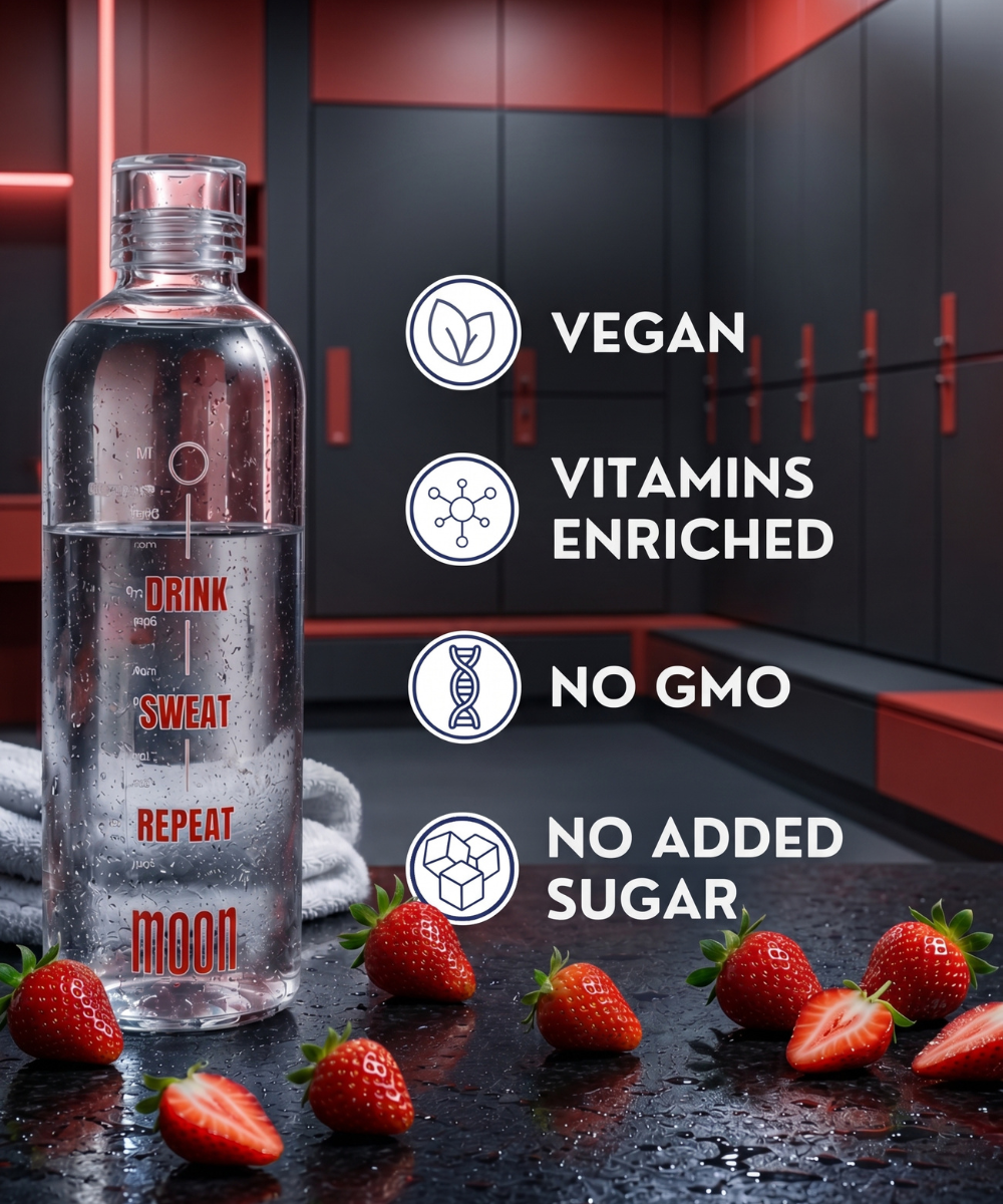 A bottle of Lunar Hydration Booster - Strawberry Flavour by MOONFREEZE FOODS PRIVATE LIMITED sits on a gym counter, featuring electrolytes, B-vitamins, and icons for vegan, vitamin enriched, non-GMO, and no added sugar.