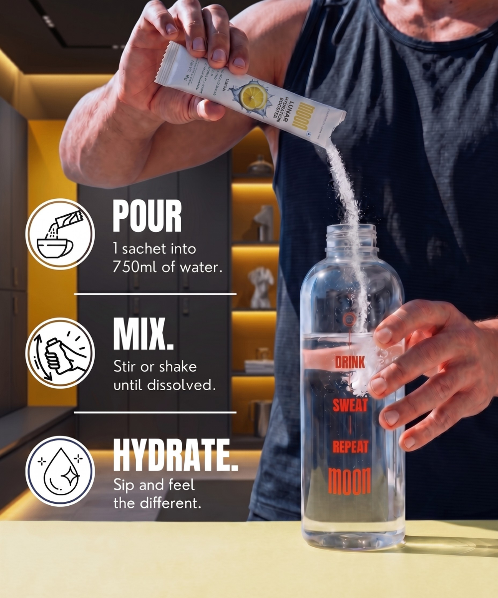 A person pours MOONFREEZE FOODS Lunar Hydration Booster - Lemon Flavour powder from a sachet into a clear water bottle, with instructions to pour, mix, and hydrate displayed beside them.