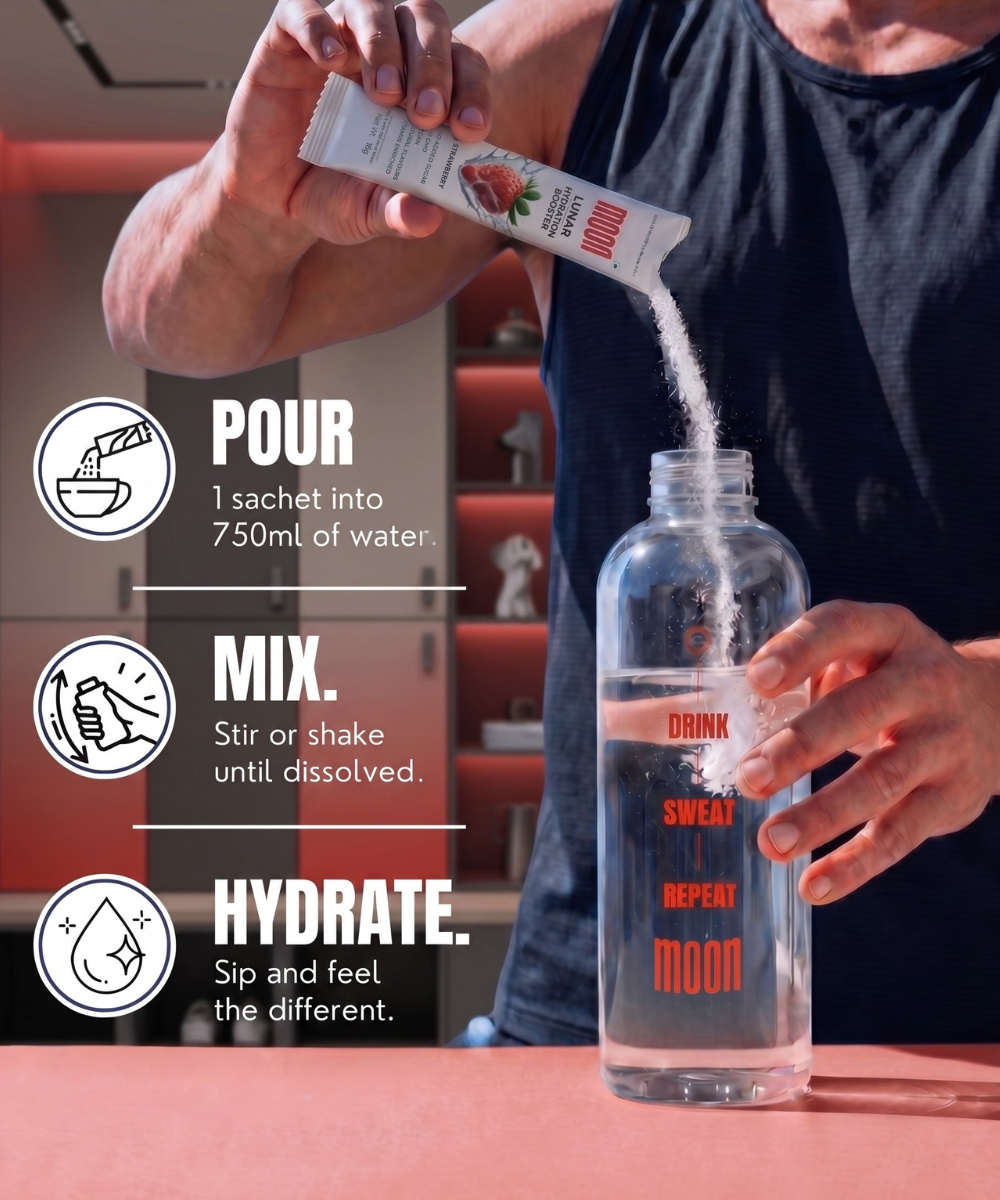 A person pours Lunar Hydration Booster - Strawberry Flavour by MOONFREEZE FOODS PRIVATE LIMITED from a sachet into water. Icons show: pour, mix, hydrateβmaking each sip a potent hydration boost.