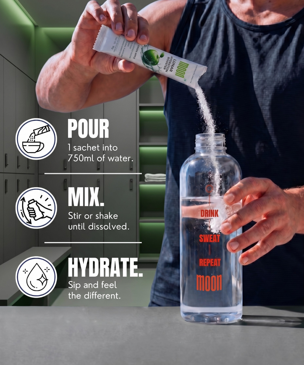 A person pours Lunar Hydration Booster - Green Apple Flavour by MOONFREEZE FOODS PRIVATE LIMITED from a sachet into a bottle; instructions and icons read: pour, mix, hydrate for optimal energy.