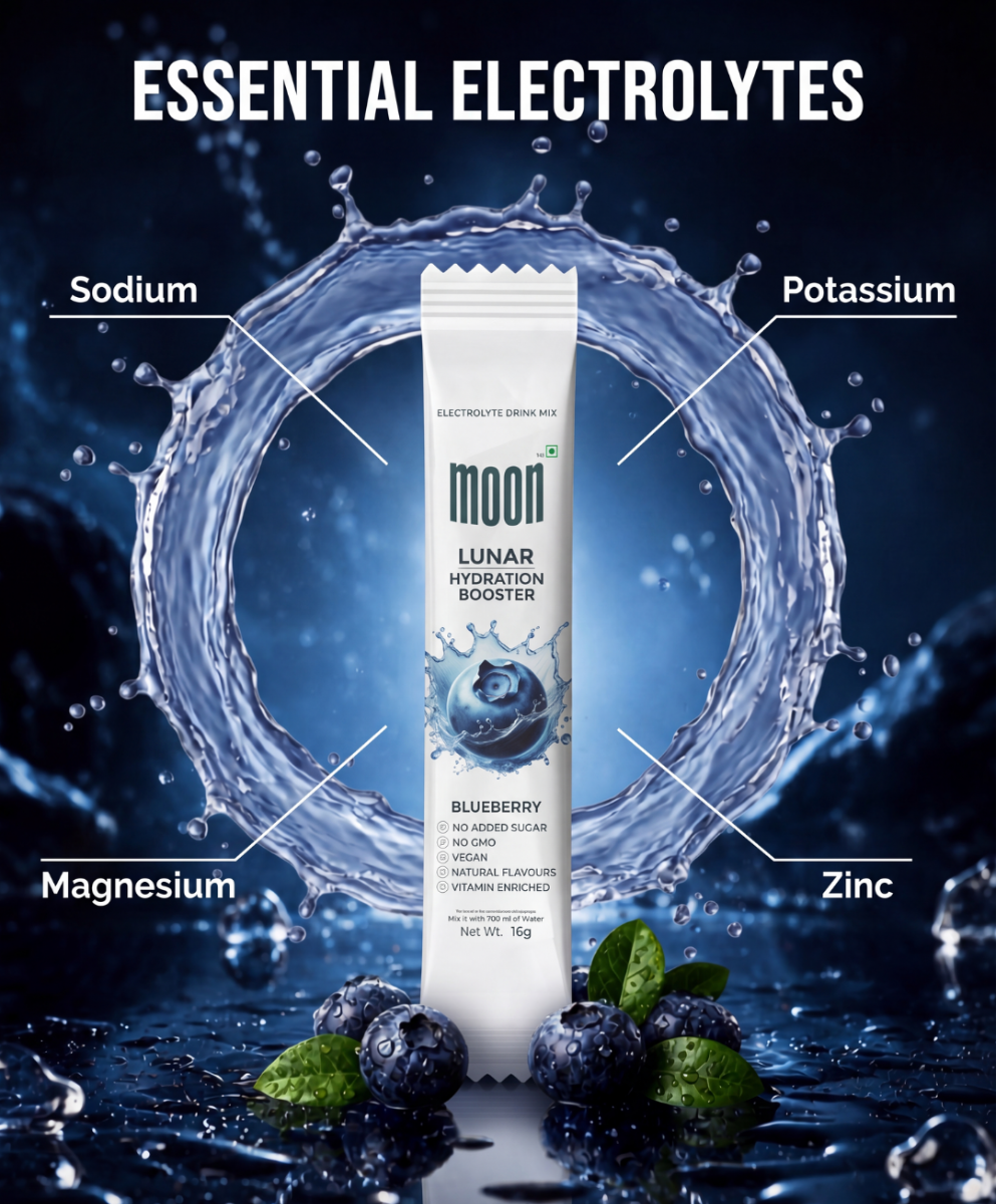 A stick pack of MOONFREEZE FOODS PRIVATE LIMITEDβs Lunar Hydration Booster - Blueberry Flavour is shown with a water splash, highlighting key electrolytesβsodium, potassium, magnesium, and zincβfor delicious hydration support.