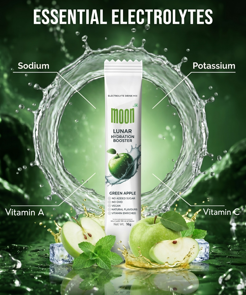 A packet of MOONFREEZE FOODS PRIVATE LIMITED's Lunar Hydration Booster - Green Apple Flavour is shown with splashing water and apple slices, featuring essential electrolytes: sodium, potassium, vitamin A, and vitamin C for tasty hydration.