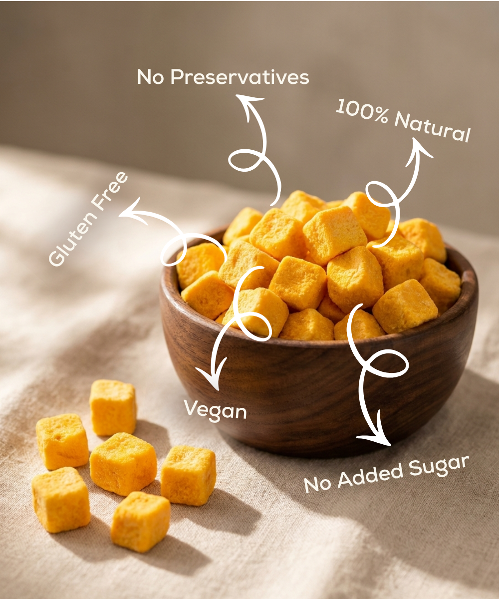 Moon Freeze Dried Mango Cubes by Themoonstoreindiaβgluten free, vegan, no preservatives, 100% natural, and no added sugar. Deliciously healthy mango snacks perfect for any time of day.