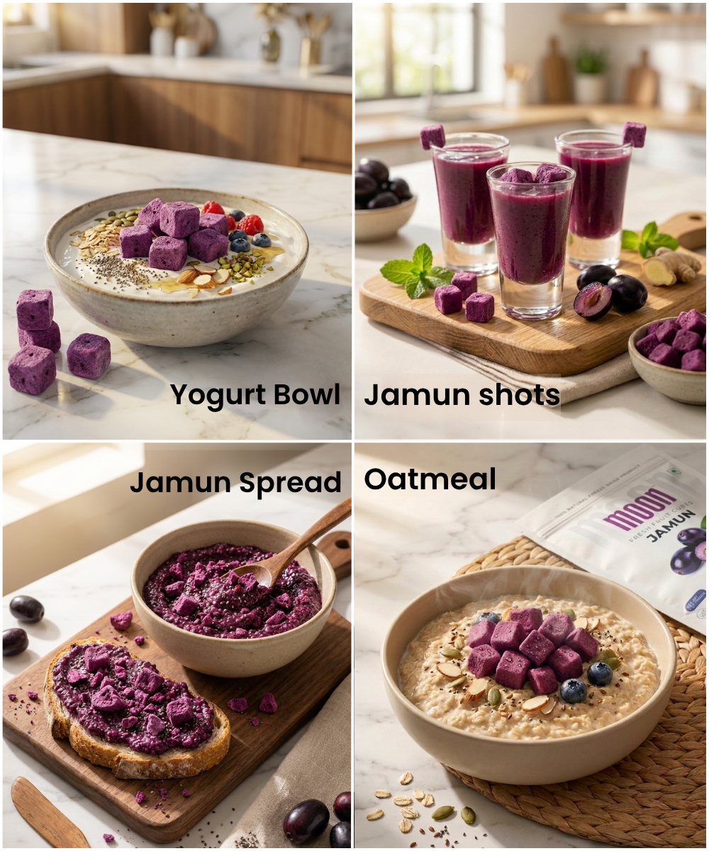 A collage displays a yogurt bowl, jamun shots, jamun spread on toast, and oatmealβeach topped with Themoonstoreindia Moon Freeze Dried Jamun Cubes for a tasty gluten-free snack and a natural way to curb sugar cravings.