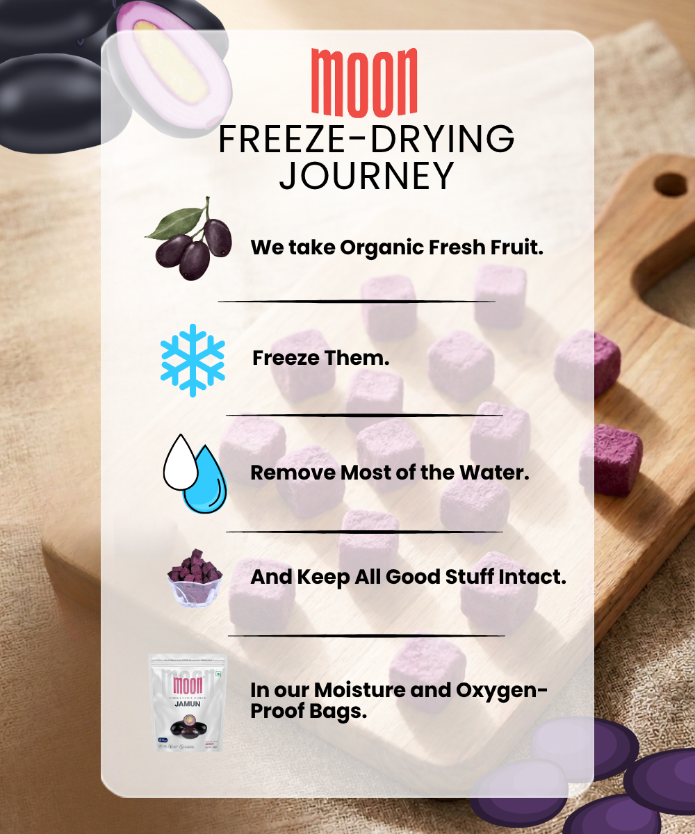 Infographic illustrating Themoonstoreindiaβs Moon Freeze Dried Jamun Cubes: organic fruit is frozen, dehydrated to retain nutrients, then packed in moisture- and oxygen-proof bags. Features purple cubes and product packaging. Gluten-free snack!.
