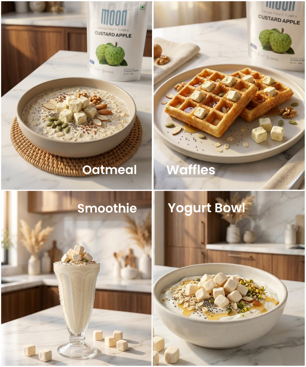 Four images show Themoonstoreindia’s Moon Freeze Dried Custard Apple Cubes in oatmeal, waffles, a smoothie, and a yogurt bowl, each dish labeled on a kitchen countertop.