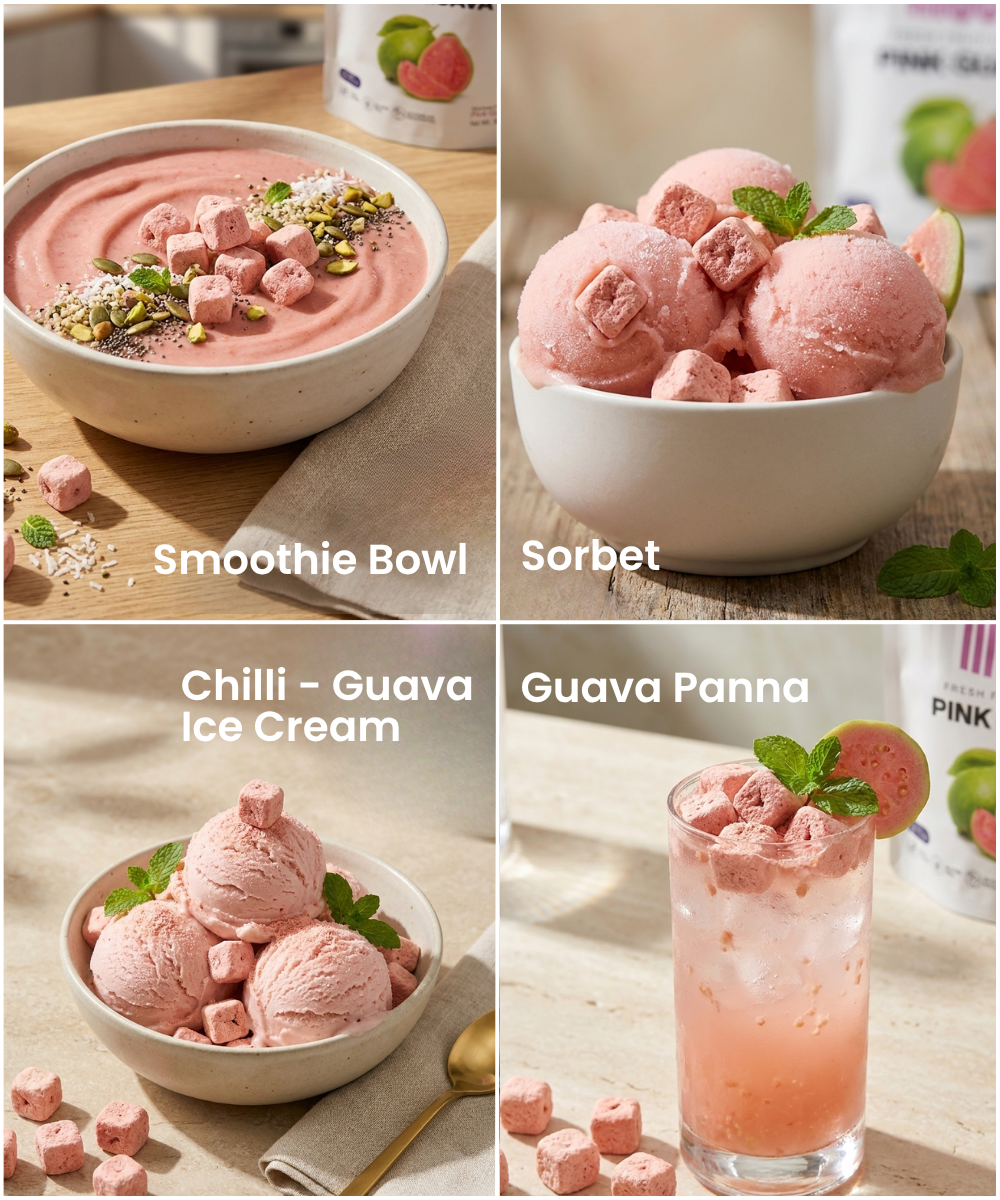 A collage shows four guava desserts—smoothie bowl, sorbet, chili-guava ice cream, and guava panna drink—each rich in vitamin C and fiber, topped with Themoonstoreindia’s Moon Freeze Dried Pink Guava cubes and mint leaves.