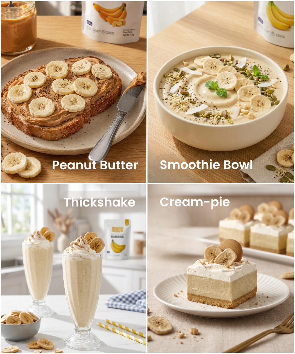 Four images feature banana-inspired foods made with Themoonstoreindia's Moon Freeze Dried Banana: peanut butter banana toast, a smoothie bowl topped with freeze-dried banana chips, thick gluten-free shakes, and creamy banana pie slices.