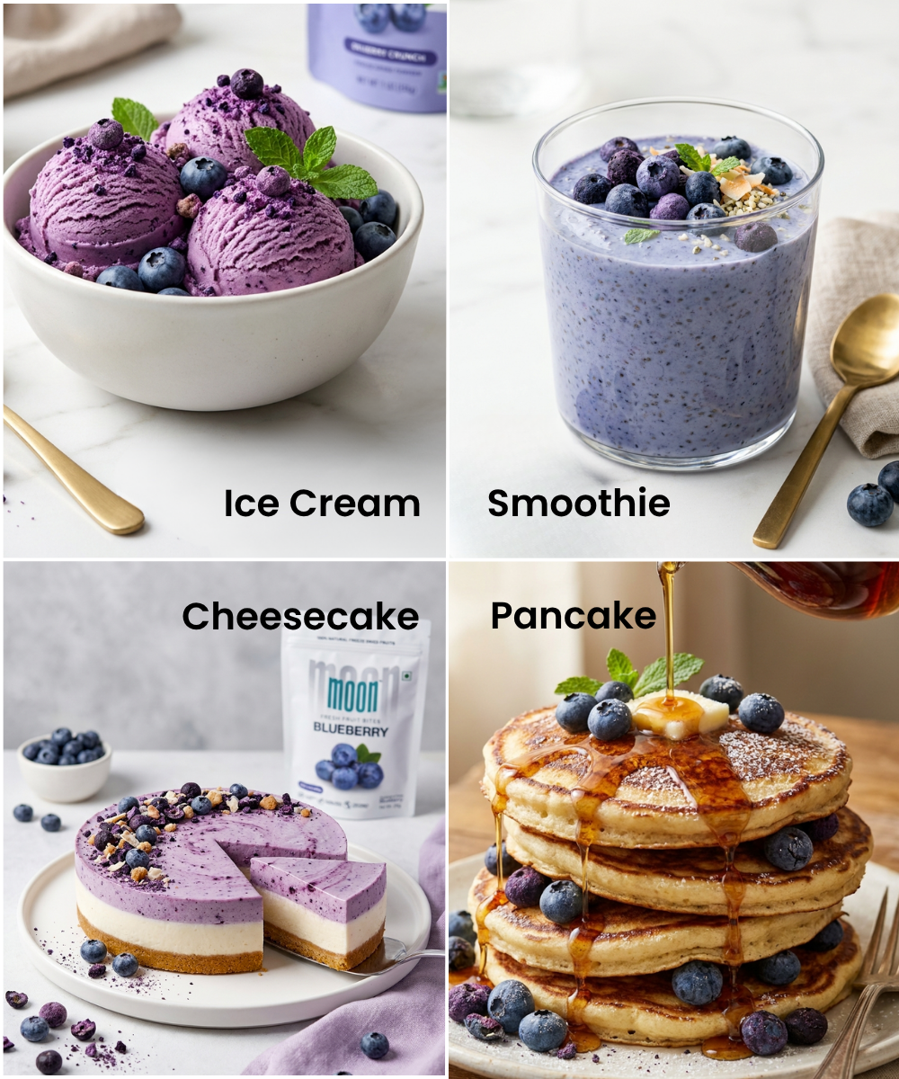 Enjoy four delicious treats made with Moon Freeze Dried Blueberry by Themoonstoreindia: ice cream, a smoothie, cheesecake with a slice out, and pancakes topped with natural blueberries and syrup.