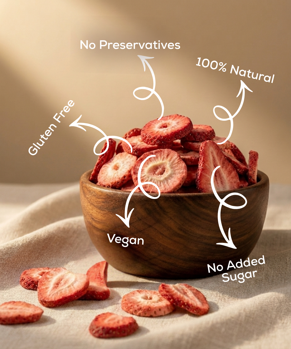A wooden bowl filled with Moon Freeze Dried Strawberry by Themoonstoreindia sits on a beige cloth; text highlights gluten free, vegan, no preservatives, 100% natural, and no added sugar.