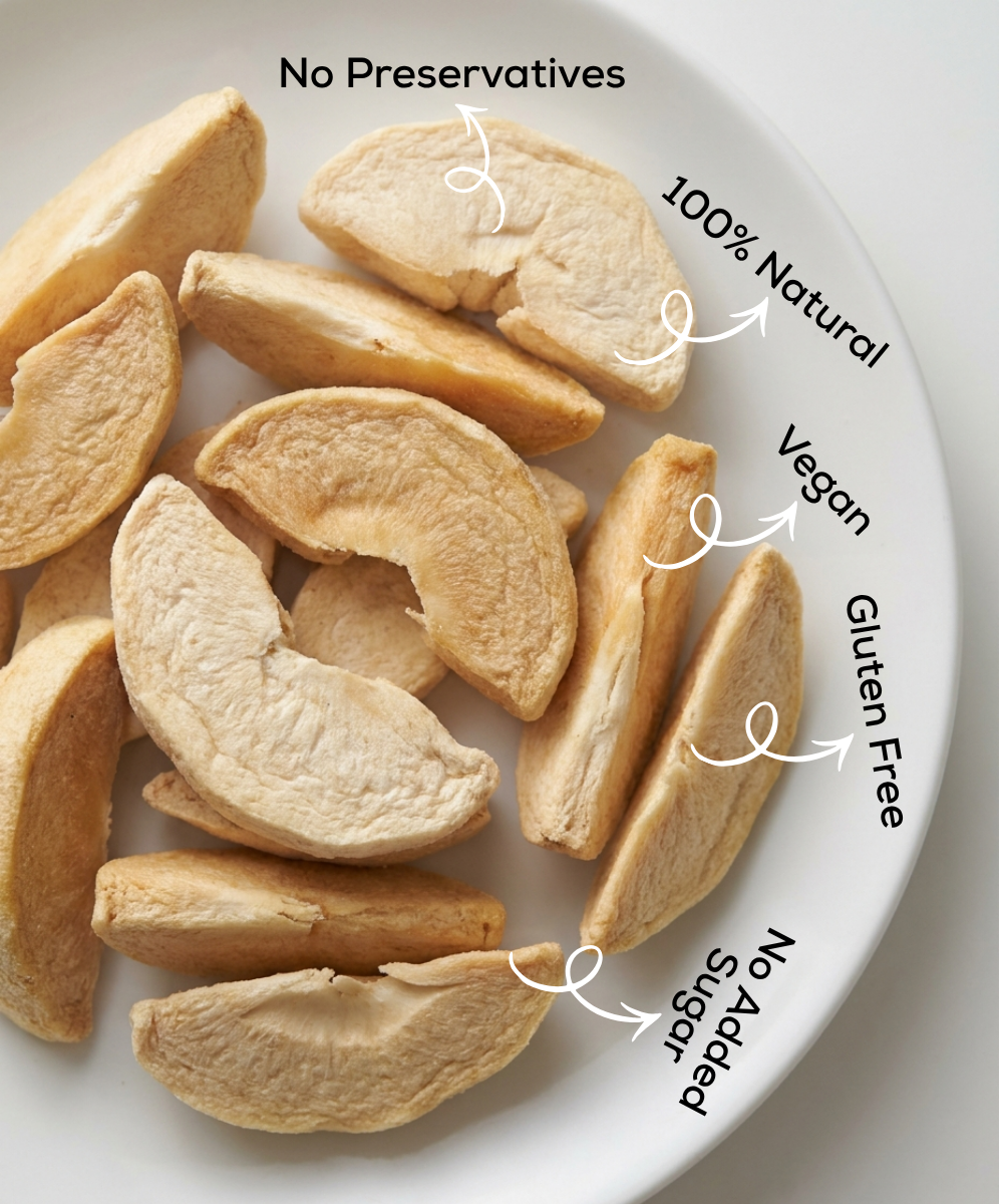 A plate of Moon Freeze Dried Chikoo by Themoonstoreindia with labels: 100% Natural, No Preservatives, Vegan, Gluten Free, No Added Sugar—a delicious energy booster anytime.
