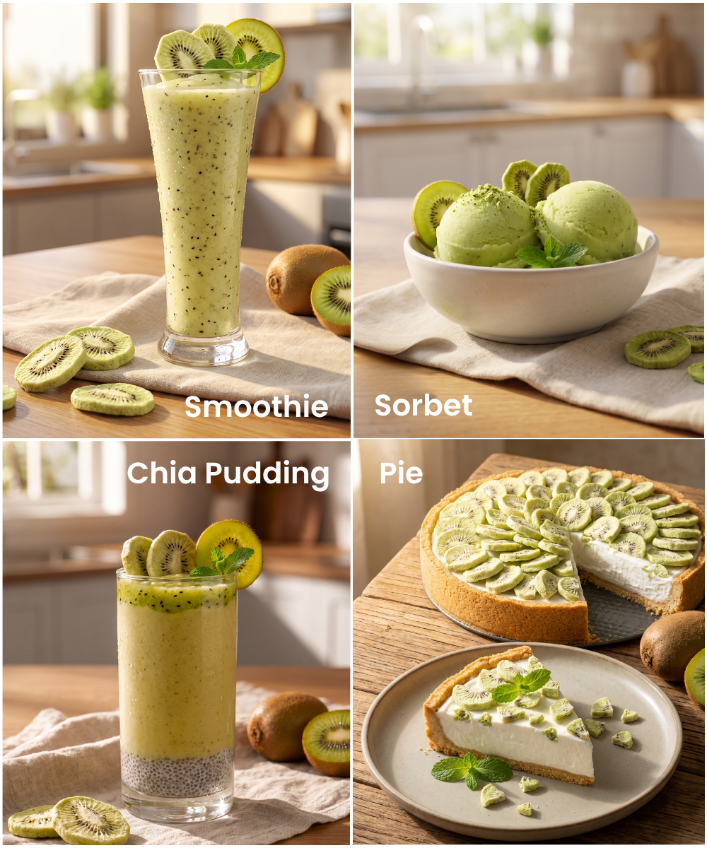 Four-panel image featuring Themoonstoreindia's Moon Freeze Dried Kiwi: a smoothie, bowl of sorbet, glass of chia pudding, and sliced pie on a plate—each labeled to highlight this vitamin C-rich ingredient.