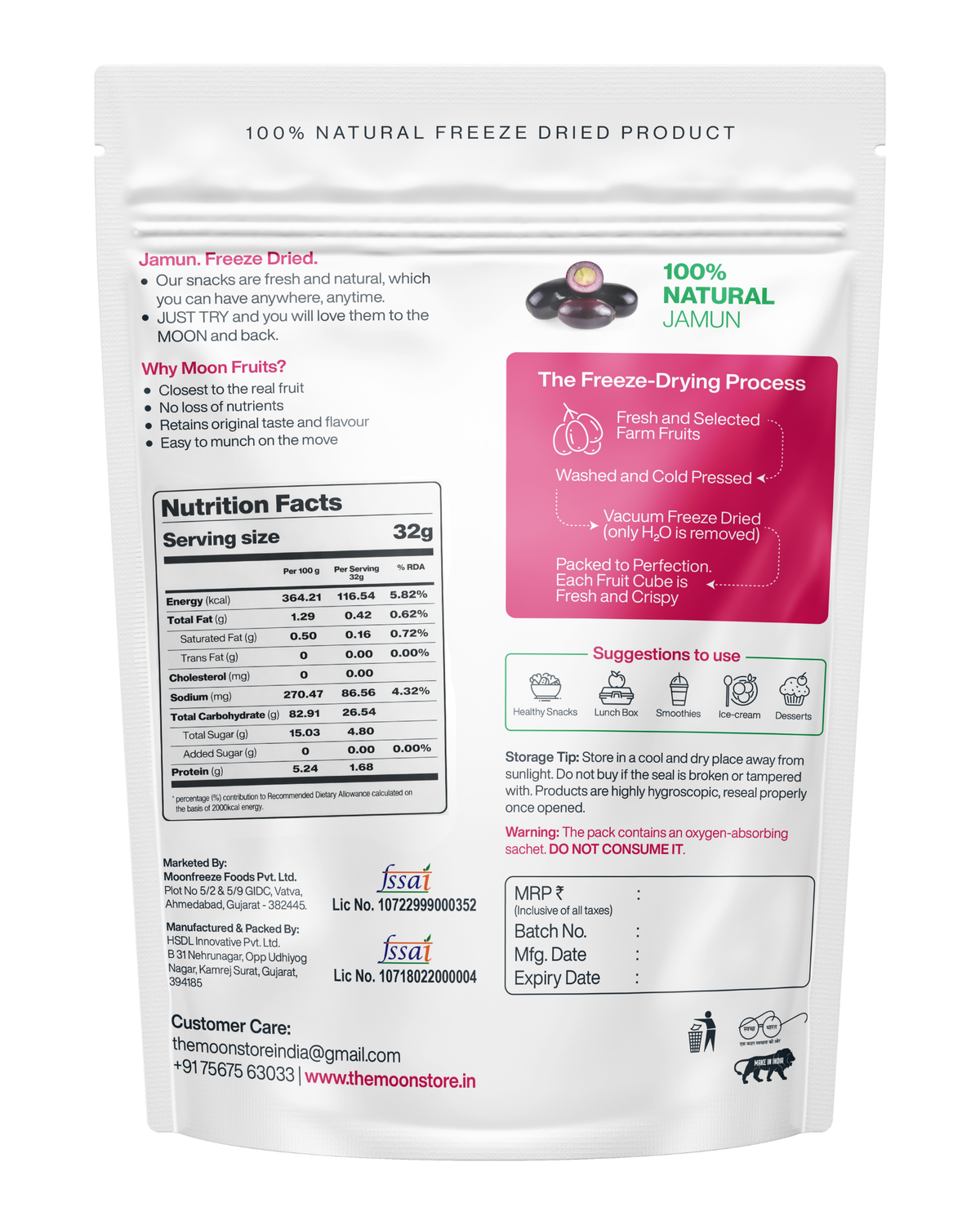 Back of a white Moon Freeze Dried Jamun Cubes pack by Themoonstoreindia, showing nutrition facts, freeze-drying process, and contact info—a tasty metabolism booster and natural way to curb sugar cravings.