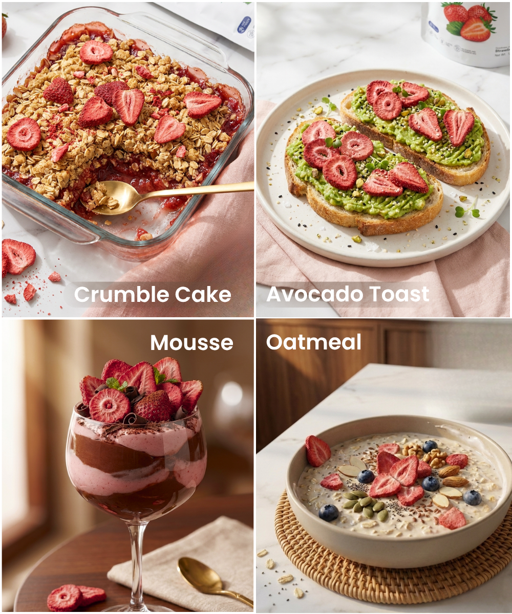 A collage of four dishesβcrumble cake, avocado toast, mousse glass, and oatmeal bowlβeach topped with Themoonstoreindia Moon Freeze Dried Strawberry and labeled accordingly.