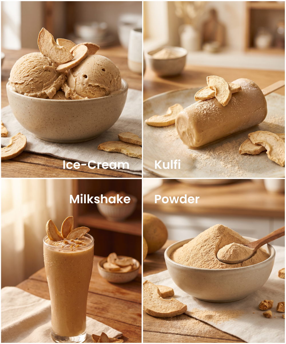 A collage displays four dishes: chikoo ice cream in a bowl, chikoo kulfi on a plate, chikoo milkshake in a glass, and 100% natural Moon Freeze Dried Chikoo powder from Themoonstoreindia in a bowl, each clearly labeled.