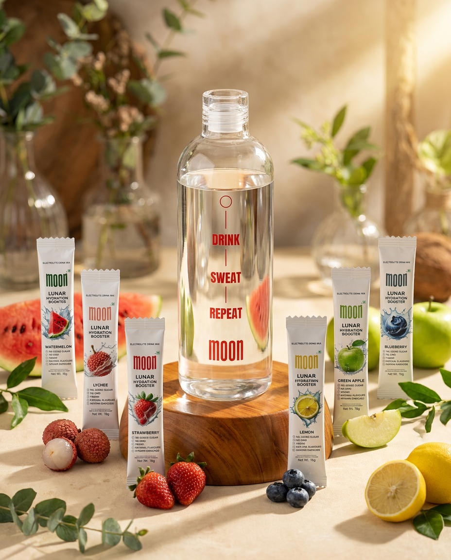 A MOONFREEZE FOODS PRIVATE LIMITED Super Hydration Bottle (w/ Variety Pack) is surrounded by six Moon Lunar electrolyte booster sachets and fresh fruits like strawberries, blueberries, watermelon, and lime.
