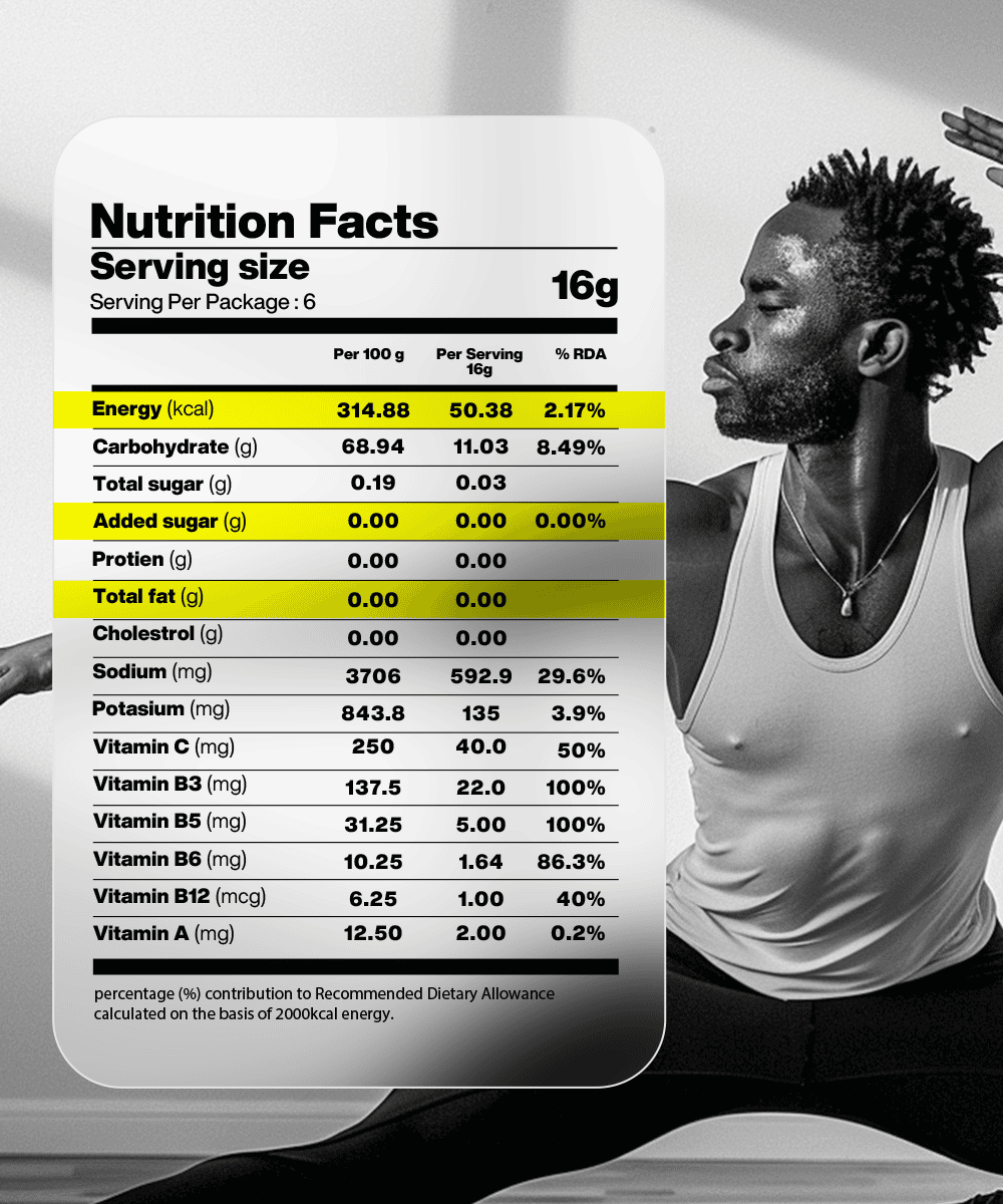A man exercises in black and white, highlighting the Lunar Hydration Booster β Blueberry Flavour by MOONFREEZE FOODS PRIVATE LIMITED. Nutrition facts show calories, carbohydrates, and essential electrolytes. A table emphasizes the B-vitamin complex's importance for optimal performance.
