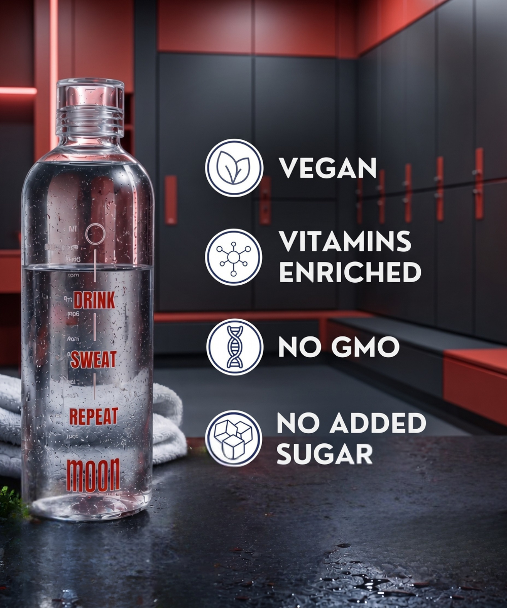 A Lunar Hydration Booster - Variety Pack by MOONFREEZE FOODS PRIVATE LIMITED stands in a locker room next to a towel, showcasing features: vegan, vitamin enriched, hydration booster with electrolytes, non-GMO, and no added sugar.