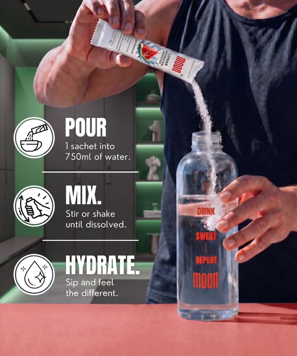 A person pours a Lunar Hydration Booster - Watermelon sachet by MOONFREEZE FOODS PRIVATE LIMITED into 750ml of water, mixes until dissolved, and hydrates by drinking.