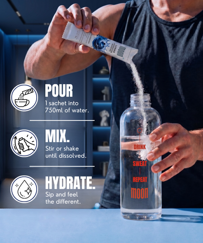 Someone pours Lunar Hydration Booster - Blueberry Flavour by MOONFREEZE FOODS PRIVATE LIMITED from a sachet into a water bottle. The image shows "pour, mix, hydrate" instructions with icons and text.
