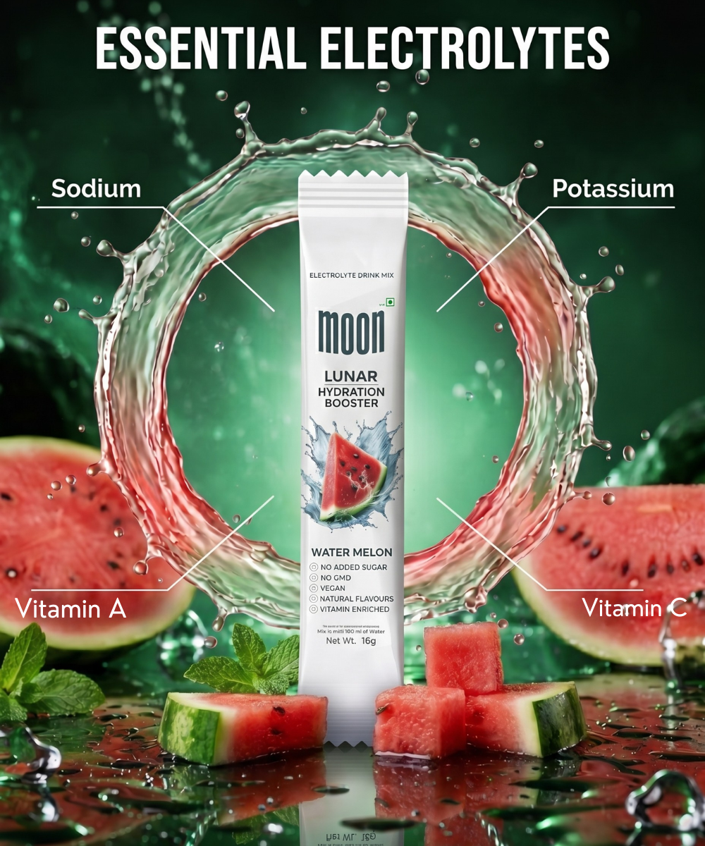 A packet of Lunar Hydration Booster - Watermelon by MOONFREEZE FOODS PRIVATE LIMITED is shown with splashing water and watermelon slices, highlighting sodium, potassium, plus vitamins A and C for a refreshing hydration boost.