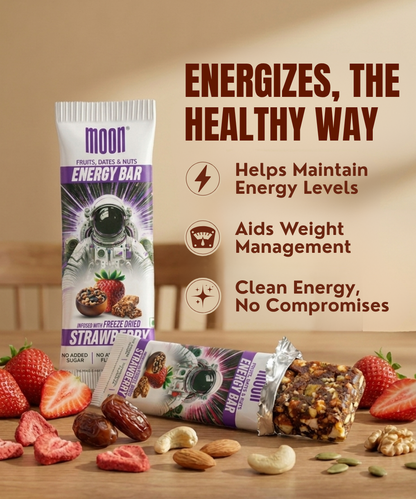 Two MOON Energy Bars - Strawberry by MOONFREEZE FOODS PRIVATE LIMITED are displayed with freeze-dried strawberries and nuts, emphasizing energy, weight management, and clean ingredients.