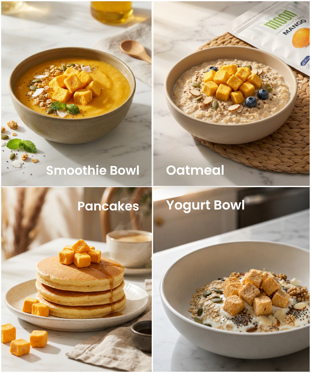 Four dishes featuring Themoonstoreindia Moon Freeze Dried Mango Cubes: smoothie bowl, oatmeal, pancakes with syrup, and yogurt bowl—all showcasing these 100% natural mango snacks in delicious settings.