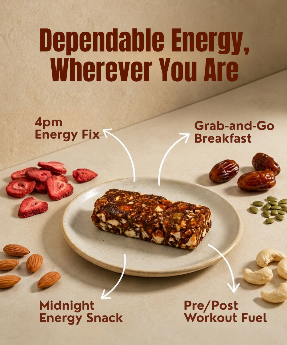 The MOON Energy Bar - Strawberry by MOONFREEZE FOODS PRIVATE LIMITED sits on a plate with almonds, freeze-dried strawberries, dates, and pumpkin seeds, described as a convenient snack or meal replacement for any time of day.