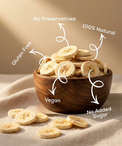 Moon Freeze Dried Banana by Themoonstoreindia is a vegan, gluten-free, 100% natural snack with no preservatives or added sugar, served in a wooden bowl as a healthy treat.