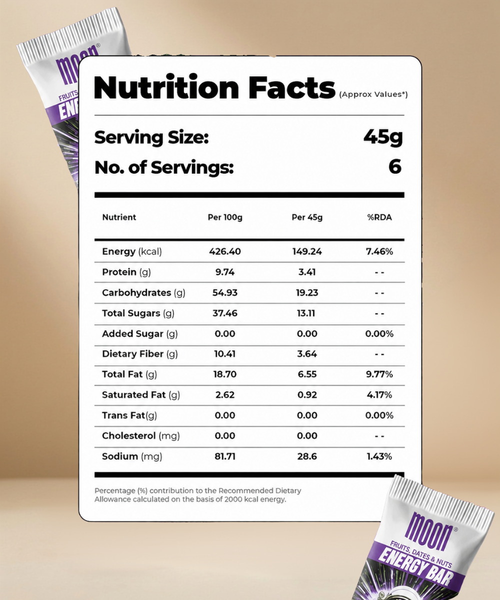 MOON Energy Bar - Strawberry by MOONFREEZE FOODS PRIVATE LIMITED: Nutrition facts label displays values per 100g and 45g serving, detailing calories, protein, fats, sugars, fiber, sodium, other nutrients—plus freeze-dried strawberries.