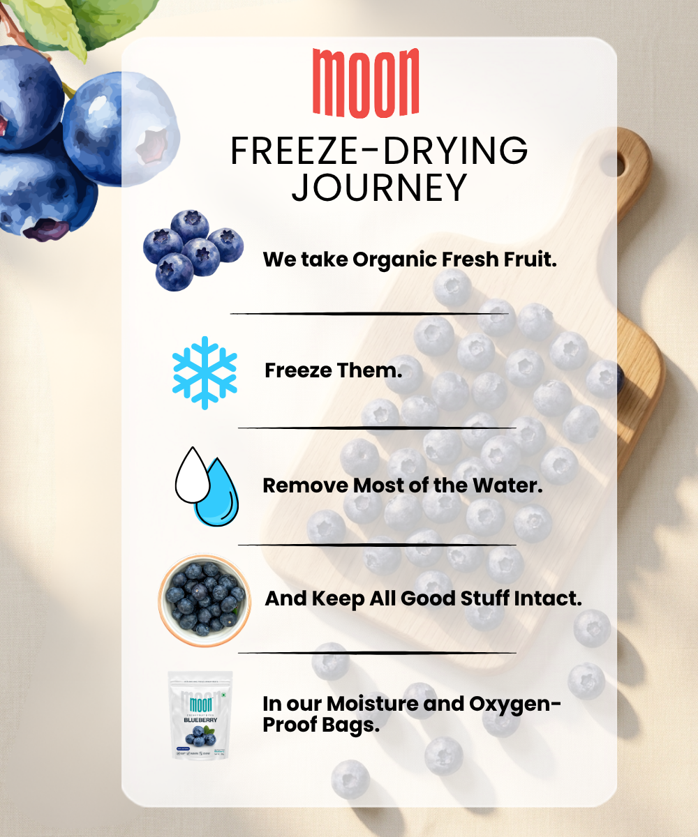 Infographic illustrates how Themoonstoreindia Moon Freeze Dried Blueberry is made: berries are frozen, water is removed, nutrients are retained, and they're packed in moisture- and oxygen-proof bags for a natural, antioxidant-rich snack.
