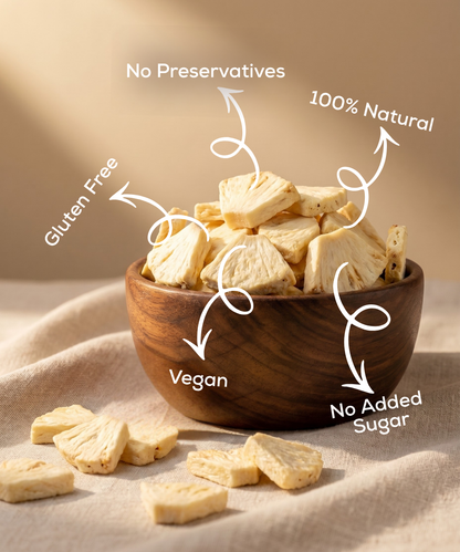 Moon Freeze Dried Pineapple by Themoonstoreindia shown in a wooden bowl on a beige cloth—a healthy snack that's gluten-free, vegan, 100% natural, with no added sugar or preservatives.