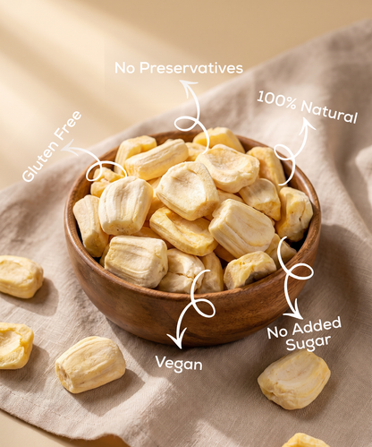 Moon Freeze Dried Jackfruit by Themoonstoreindia sits in a wooden bowl on a beige cloth—a healthy, gluten-free, vegan snack with no preservatives, 100% natural ingredients, and no added sugar.