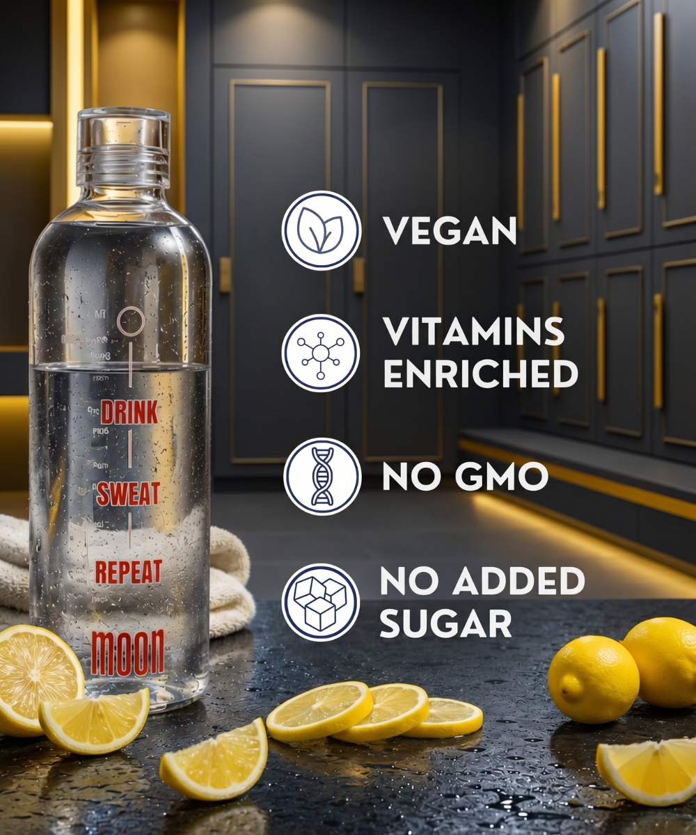 A bottle of Lunar Hydration Booster - Lemon Flavour by MOONFREEZE FOODS PRIVATE LIMITED sits on a counter with lemon slices in a modern kitchen. Text highlights: vegan, B-vitamin complex, hydration booster, non-GMO, no added sugar.