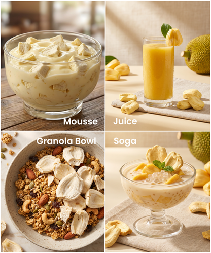 Enjoy four dishes featuring Moon Freeze Dried Jackfruit by Themoonstoreindia: mousse, juice, granola bowl with nuts, and sago dessert—each clearly labeled for a delicious and healthy snack experience.