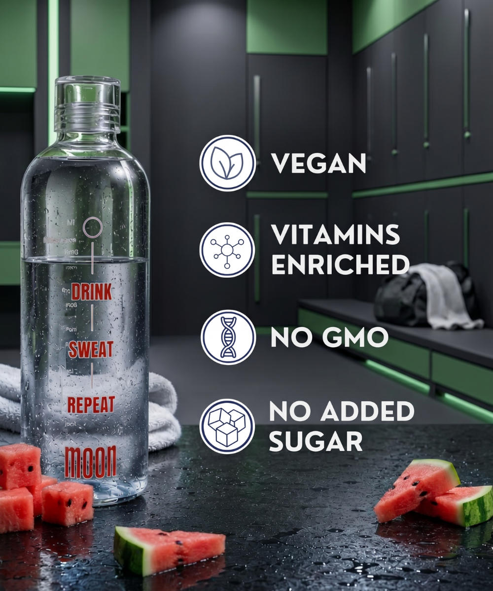 A clear water bottle labeled "Lunar Hydration Booster - Watermelon" by MOONFREEZE FOODS PRIVATE LIMITED sits on a gym bench with watermelon slices. Icons show: Vegan, B-vitamin complex, Electrolytes, No GMO, and No Added Sugar.