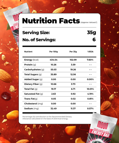 The image displays the nutrition facts of the MOON Energy Bar - Mango (6 Pack) from MOONFREEZE FOODS PRIVATE LIMITED. Each serving size is 35g, with a total of 6 servings in each package. The nutritional values are detailed per 100g and per serving. The background features the product packaging and ingredients, including freeze-dried fruits, emphasizing its suitability as a meal replacement.