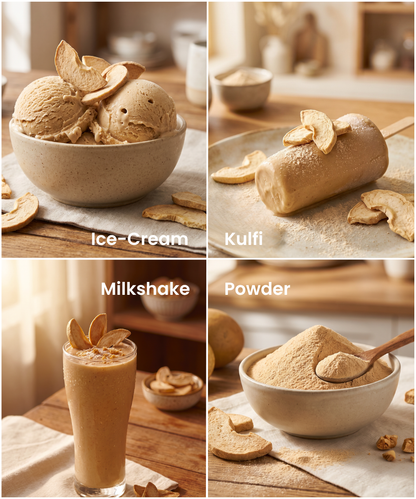 A collage displays four dishes: chikoo ice cream in a bowl, chikoo kulfi on a plate, chikoo milkshake in a glass, and 100% natural Moon Freeze Dried Chikoo powder from Themoonstoreindia in a bowl, each clearly labeled.