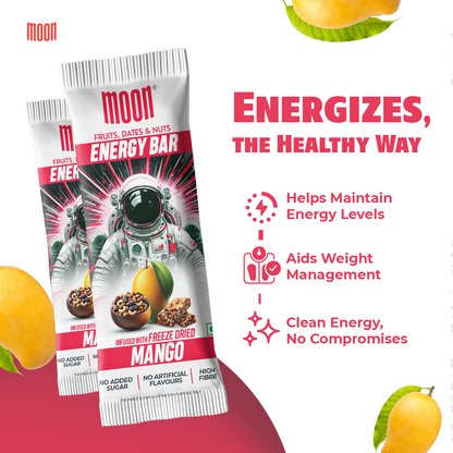 Six packs of MOON Energy Bars - Mango by MOONFREEZE FOODS PRIVATE LIMITED, featuring a space-themed design. Text highlights benefits: "Helps Maintain Energy Levels," "Aids Weight Management," and "Clean Energy, No Compromises." Perfect as a meal replacement, they feature freeze-dried fruits for an extra boost.