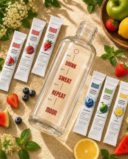 The Super Hydration Bottle (w/ Variety Pack) from MOONFREEZE FOODS PRIVATE LIMITED is placed on sand, surrounded by a mix of Moon hydration booster sachets in assorted flavors, with scattered fruits and mint leaves for a refreshing look.
