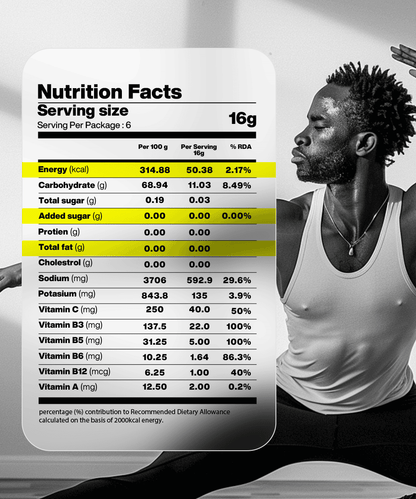 The nutrition facts label shows a serving size of 16g for MOONFREEZE FOODS PRIVATE LIMITED's Lunar Hydration Booster - Lemon Flavour. An energetic exercise pose highlights the role of essential electrolytes and nutrition in fueling your activity.