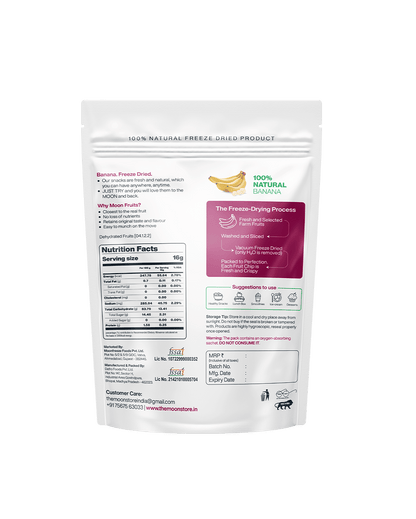 Freeze-Dried Banana Chips package, detailing the freeze-drying process, nutritional facts, and benefits of the 100% natural banana product.