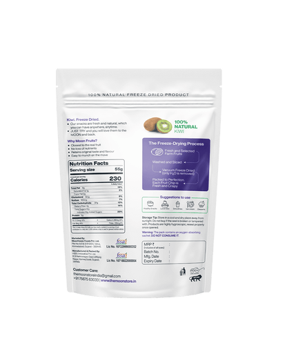 Freeze-Dried Kiwi Slices packaging, highlighting nutrition facts, benefits, and the freeze-drying process.